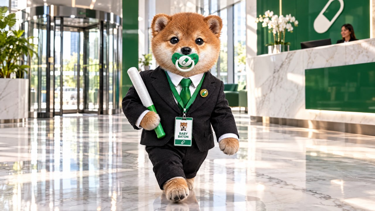 Baby Baton arrives at the office wearing a suit and his employee badge