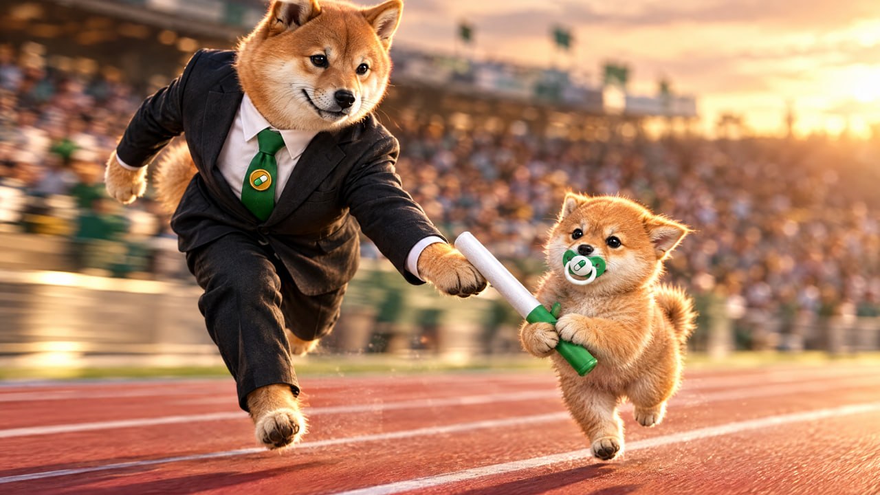 Baton handing the baton to Baby Baton on a racetrack