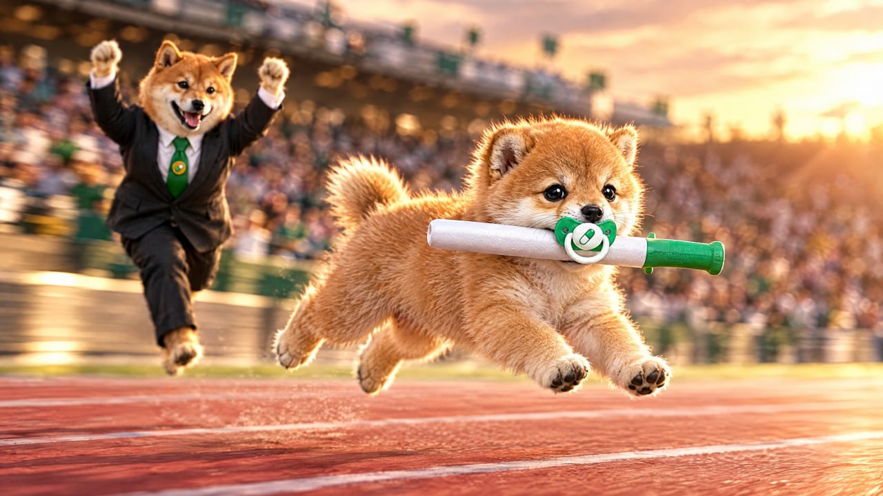 Baby Baton running ahead with the baton while Baton cheers behind him